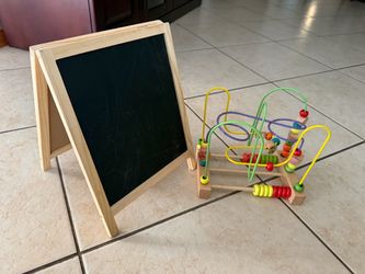 Small easel chalkboard and whiteboard and wooden bead toy for toddlers