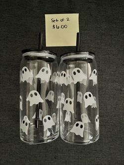 Ghost Print Glass Can Cups with Lids and Straws – Set of 2