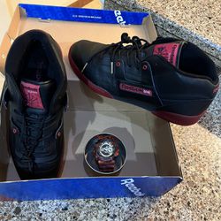 🔥   REEBOK  MID  RETRO  CLASSIC  * ALL BLACK  SOFT  LEATHER /w TEAM  RED  TRANSLUCENT  ICE  BOTTOMS  (  MENS  11  )  ‼️  COMES WITH METAL GOLD TIP SH