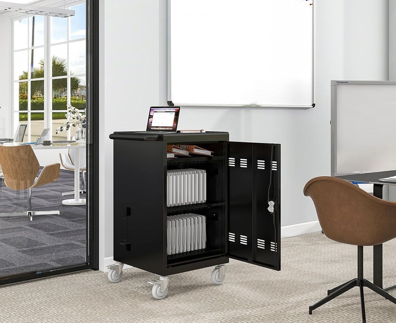 30 Device Mobile Charging Storage Cart for Laptop, Chromebook & Tablet, Up to 17inch Screen Size, Electronic Devices Storage Cabinet w/Front & Back Ac