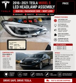 2016–2021 Tesla Model S LED Headlamp Assembly OEM RH/Passanger – Mint Lens