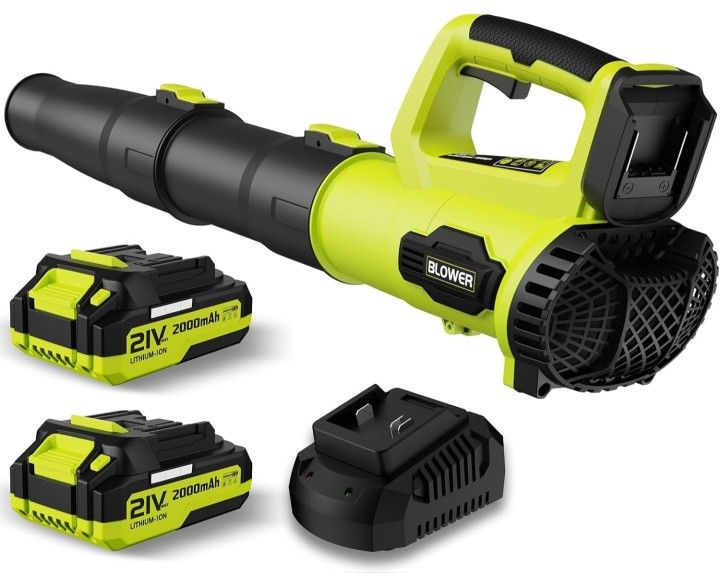 Leaf Blower, 21V Cordless Electric Blower with 2 2.0Ah Batteries and 1 Hour Fast Charger, 