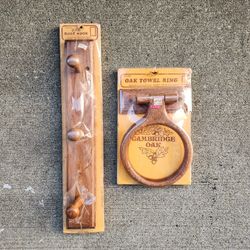 Vintage Cambridge Oak Wood Towel Ring and Robe Hooks 1980 NOS