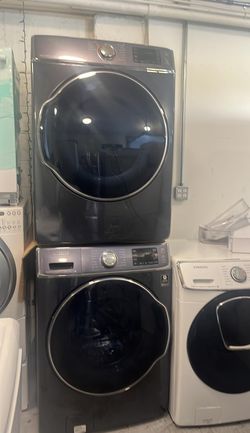 Samsung Front Load Washer & Dryer Set — Black Stainless, Steam, Stackable
