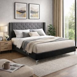 California King Velvet Upholstered Platform Bed Frame - Black and Grey 