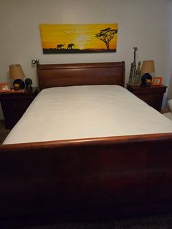 Queen size bed frame with dresser and night stands cherry wood color