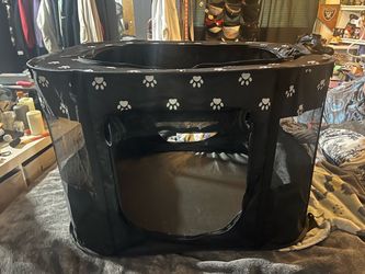 Black Foldable Pet Playpen with Paw Print Design