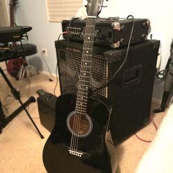 Sonart Black Lacquer Acoustic Guitar New With Gig Bag.