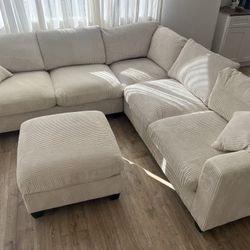 New Corduroy Fabric Sectional.  Off White / Beige.  99” X 99”.  Free Delivery!
