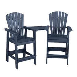 Navy Blue HDPE Plastic Outdoor Adirondack Chair Bar Stools with Connecting Tray Set of 2  2-Piece Adirondack Chair Set with Detachable Tabl