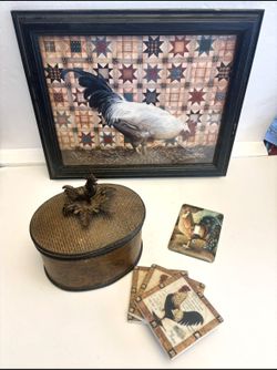 Lot Of Rooster Decorations-Framed Picture, Resin Container Stone Coasters & Metal Switch Plate Cover