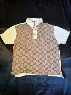 Gucci Jumbo GG Cotton Silk Jacquard Polo Shirt Beige White Men’s Small Authentic