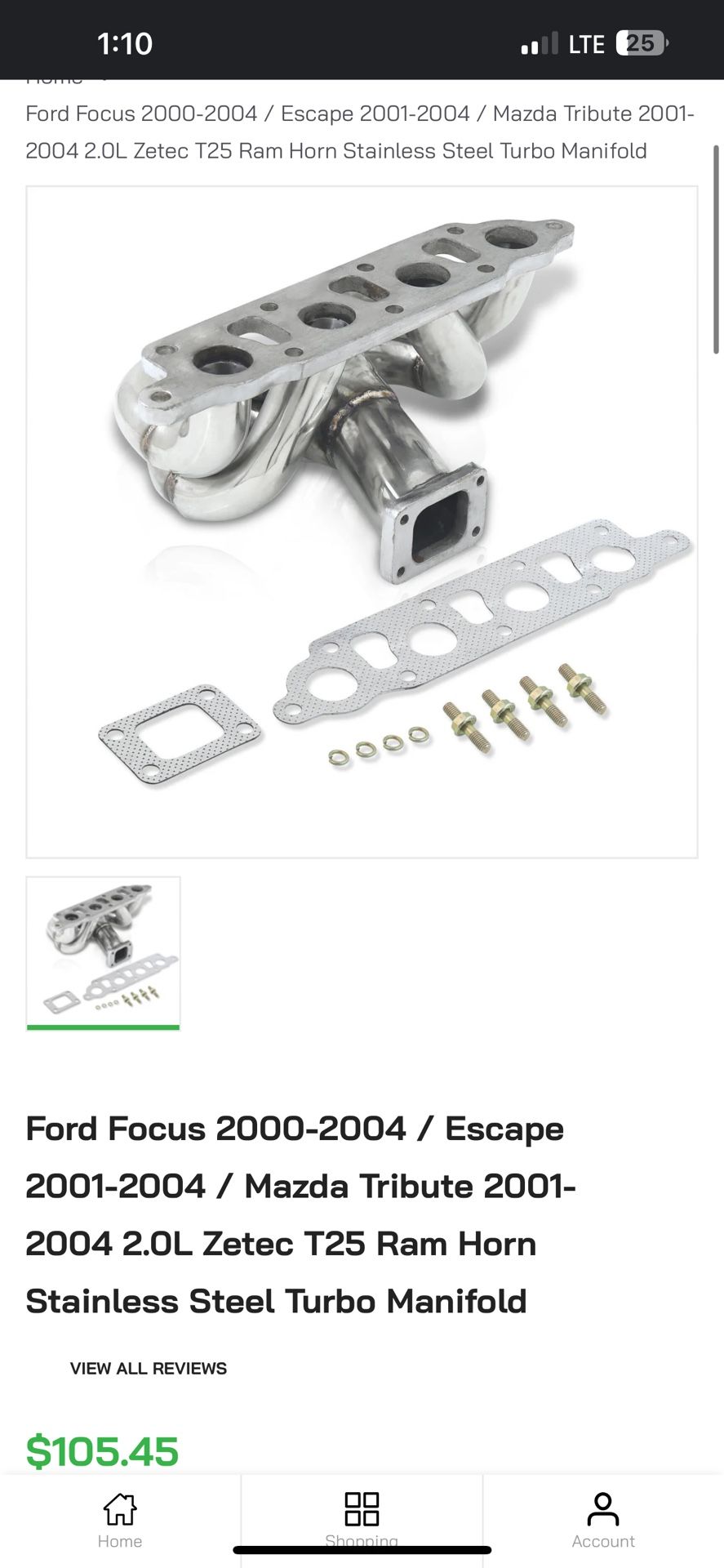 Ford Focus 2000-2004 / Escape 2001-2004 / Mazda Tribute 2001-2004 2.0L Zetec T25 Ram Horn Stainless Steel Turbo Manifold