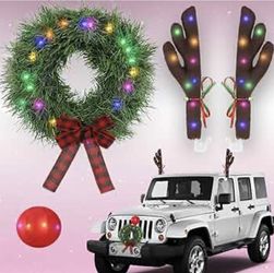 Angooni Christmas Car Decoration, Car Wreath with Lights, Colorful LED Car Reindeer Kit, Festive Accessory Xams Decor for Jeeps, Trucks, Golf Cart