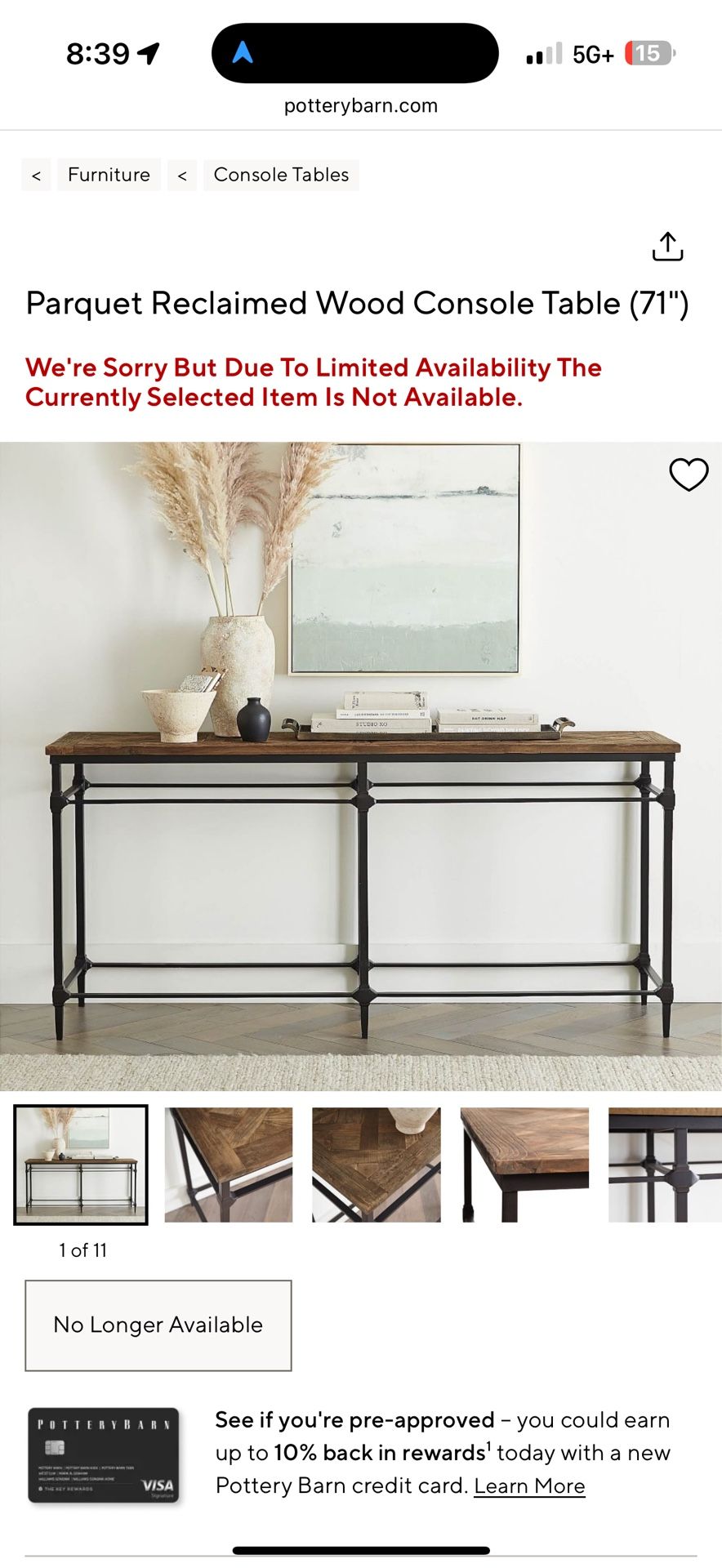 Pottery Barn Parquet Reclaimed Wood Console Table