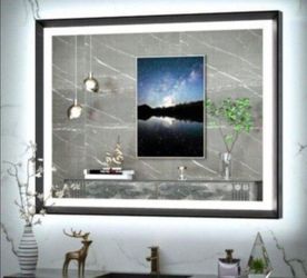 TokeShimi 40x30 Inch Black Frame Bathroom Mirror with Front Lights and Backlit Aluminum Alloy Rectangle Beveled Edge Tricolors Stepless Dimmable Anti