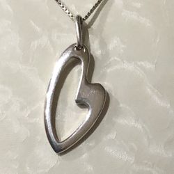 Modernist Open Heart Pendant 925 Sterling Silver,925 Italian Chain 16” Long
