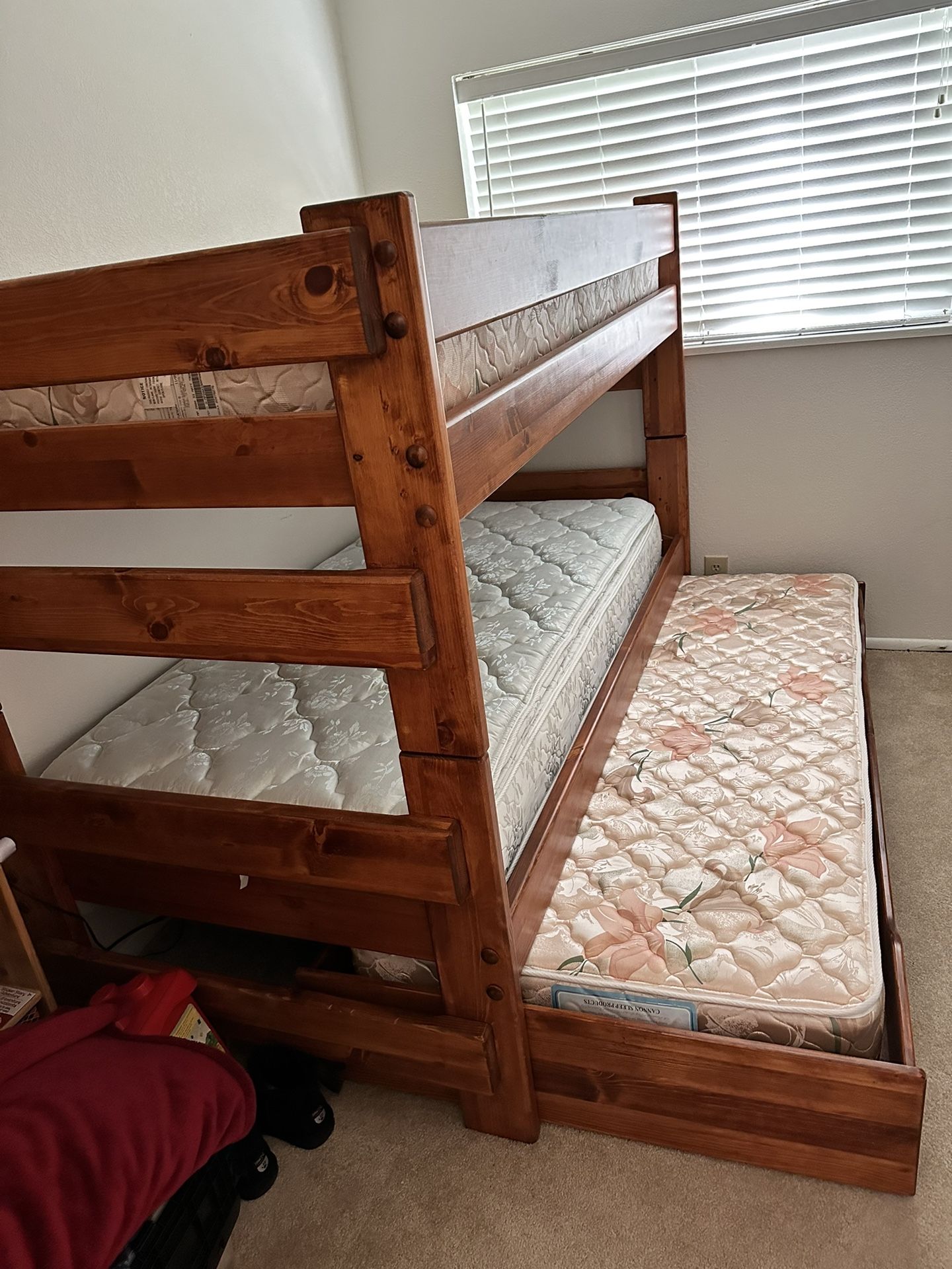 Custom Built Wood Bunk Beds With Trundle & 3 Mattress