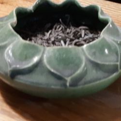 Tiffany Art Pottery Matte Green Lotus Vase Bowl Arts And Crafts Antique Pottery