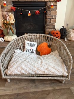 Boho pet accent bed with Halloween pillow decor