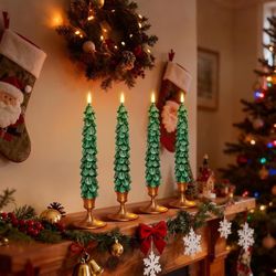 New In Box 4 Pack Flameless Christmas Tree Candles with Remote, 9.8” LED Battery Operated Taper Candles, Green 3D Flickering Candlesticks for Holiday 