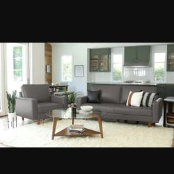 Holloway Mid-Century Leather Sofa and Armchair Set
 Modern Gray Couch And Chair
