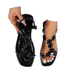 Black Flower Ankle Strap Sandals 8