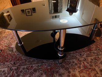 Hodedah Three Tier Oval Tempered Glass Coffee Table, Black