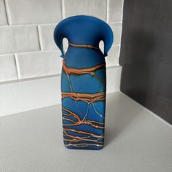 Blue Glass Vase With Intricate Orange ”Lava” Lines Throughout