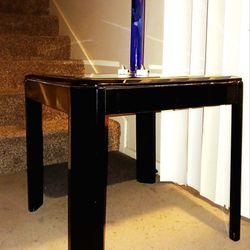 Table Vintage Black Lacquer Mirror Table With Gold Etching Four Leg Decent Condition Very Strong Sturdy Table Nice Look! '80s