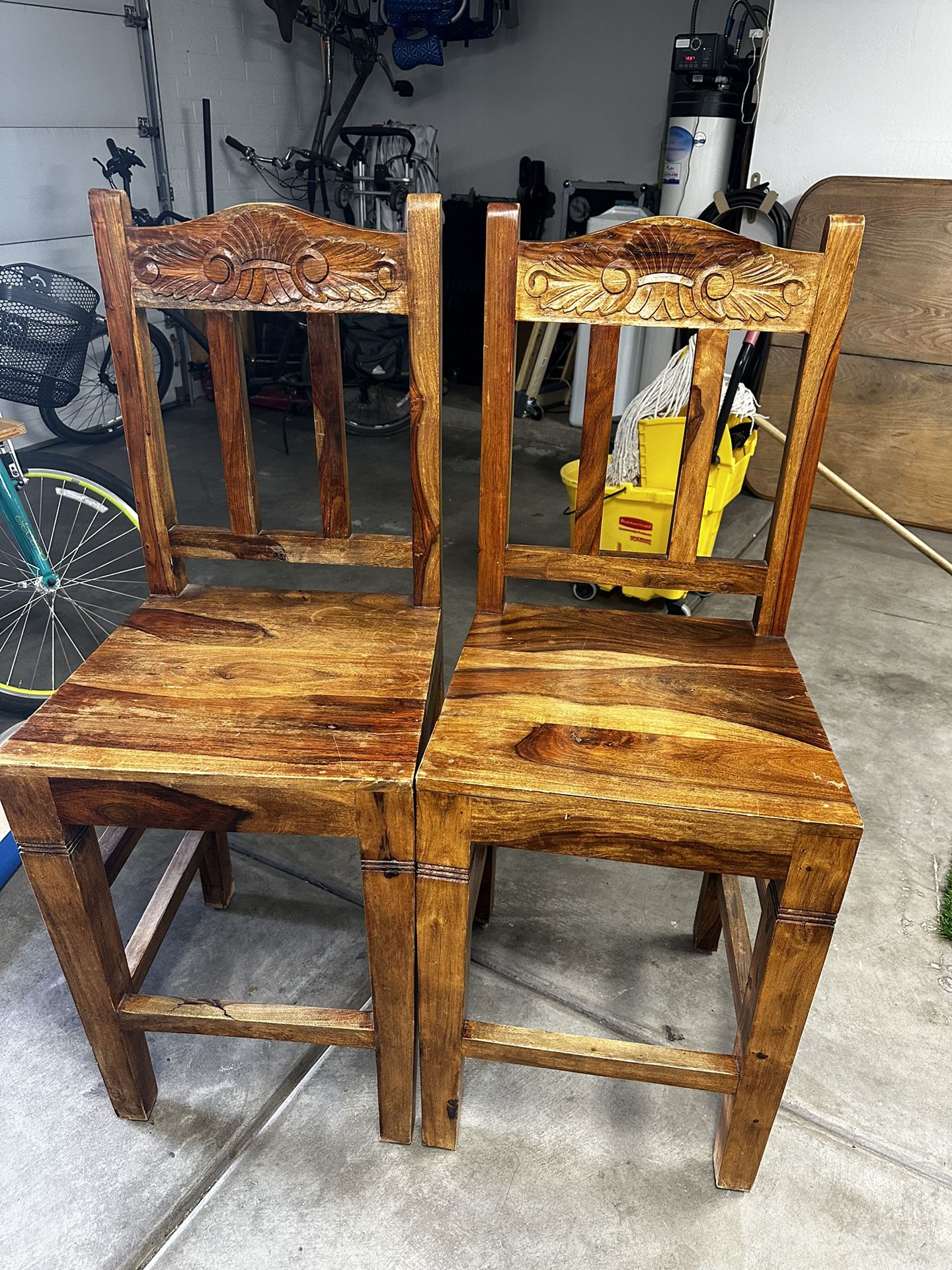 2 Hand Carved Wooden Bar Stools 