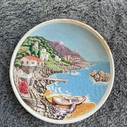 Vtg Fornes y Sanchis Ceramic 3D Plate Spain 1980's Coastline Mountains Dock Boat