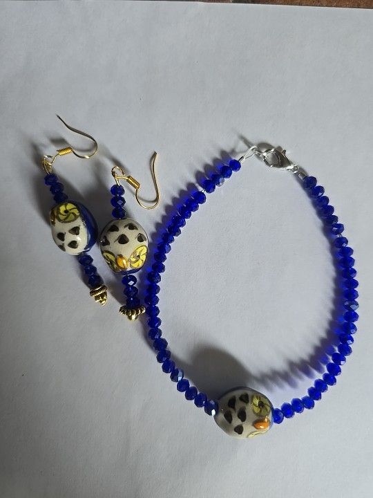 SWAROVSKI BEAD HAND PAINTED UNIQUE BOUTIQUE  7"BRACELET EARRINGS RARE FIND  SET