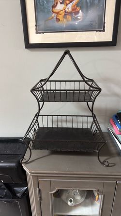 2-Tier Black Metal Wire Basket Stand