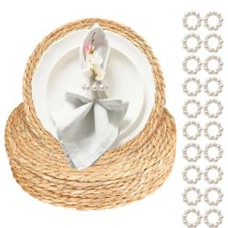 New 20 Pcs 12 Inch Round Woven Placemats with 20pcs Pearl Napkin Rings 