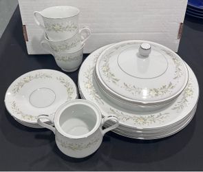 White and Green Floral Dinnerware Set with Silver Trim
