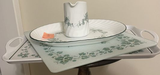 Vintage Corelle Callaway Cottage Style Oval Serving Dish, Plastic Serving Tray, Glass Counter Saver Trivet And Creamer