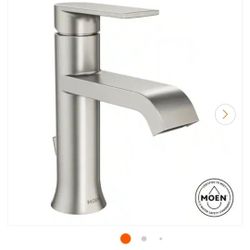 MOEN Genta Single Handle Single Hole Bathroom Faucet with Drain Kit Included in Brushed Nickel. Retails $135 with Taxes!! Small scratches!