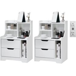 White Nightstand with Charging Station Set of 2, 2 Drawer Sofa End Table with USB Ports and Outlets Nightstand with Shelf for Bedroom