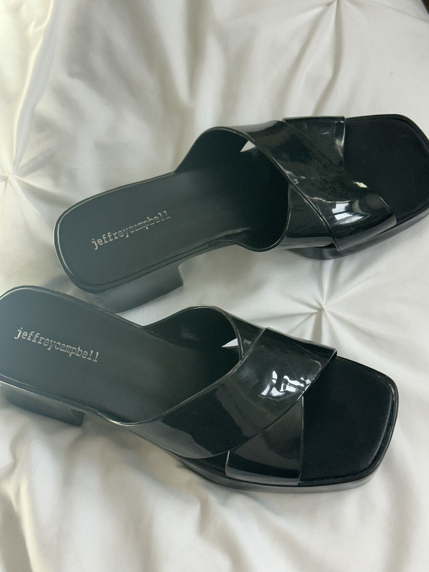 Jeffrey Campbell black patent platform heels chunky mule sandals