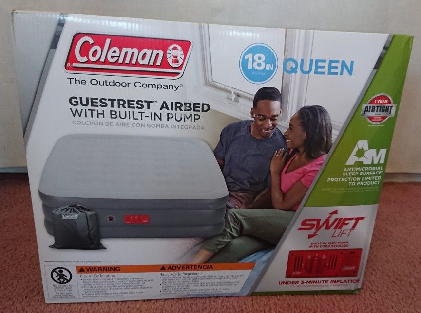 Coleman GuestRest 18 Inch Queen AirBed Air Mattress WITH Built-in Pump; Brand New, Sealed Box