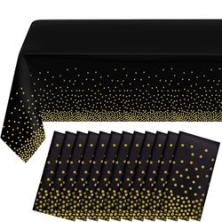 12 Pack Black and Gold Dot Plastic Tablecloth, Gold Stamping Dot Confetti Rectangle Plastic Disposable Tablecloth for Birthday Retirement Graduation E
