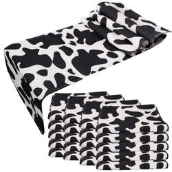 10Pcs Linen Cow Print Table Runner Black And White Farm Cow Print Tablecloth Western Barnyard Cowboy Themed Table Cloths For Birthday Party Decoration