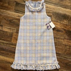 Blueberi Boulevard Girls Size 16 Blue/Peach/White Boucle Sleeveless Dress, Fringed Neck & Hem, Easter, Holiday Party, MSRP $70 *Brand New with Tags*