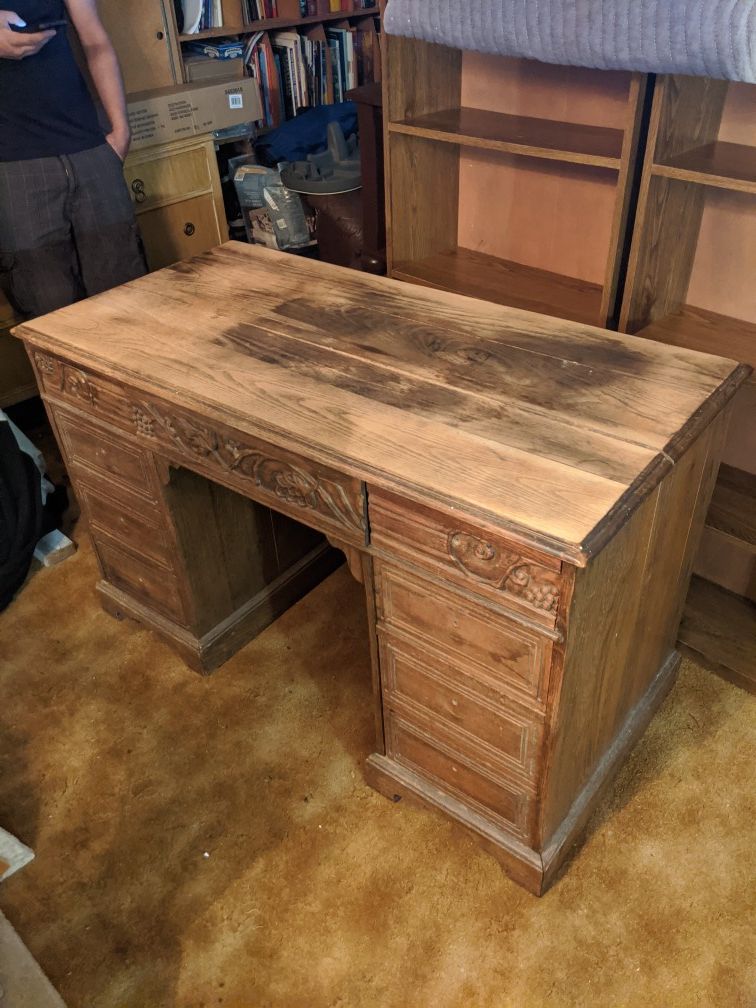 Large hardwood desk very solid, good for project piece. Comes with hardware. depth 24. Width 48. Height 31.