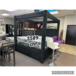 Black Queen Size Canopy Bed Frame  - Mattress Sold Separately 