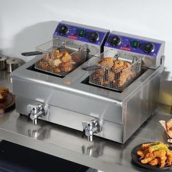 Commercial Electric Deep Fryer Countertop 3000W Dual Tanks Large Capacity Temp Time Control Cool Touch Handle