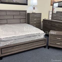 Queen Grey Bedroom Set (Bed Frame, Dresser, Mirror And One Nightstand)