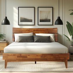Queen Size Acacia Aurora Premium Solid Wood Platform Bed Frame and High Headboard Caramel Color