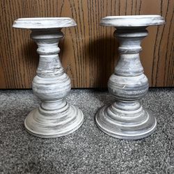 Rustic Whitewashed Wooden Candle Holders (Set of 2)